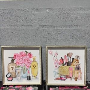 Louis Vuitton Pink and Gold Floral Cosmetic Art Prints (Pair)